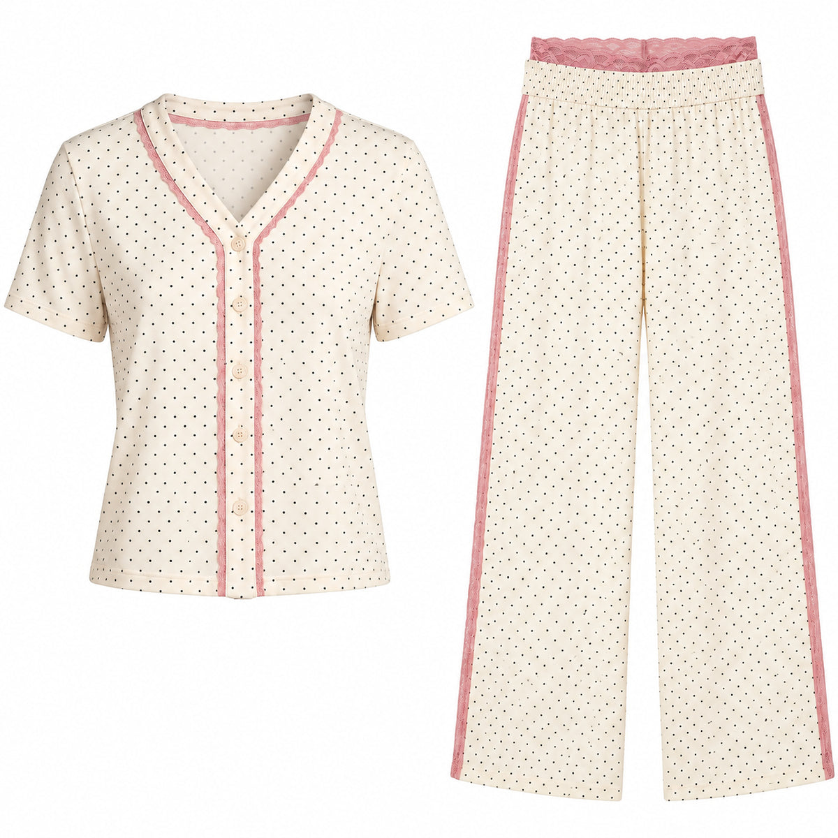 Polka Dot Lace Pajama Set - Cream