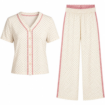 Polka Dot Lace Pajama Set - Cream
