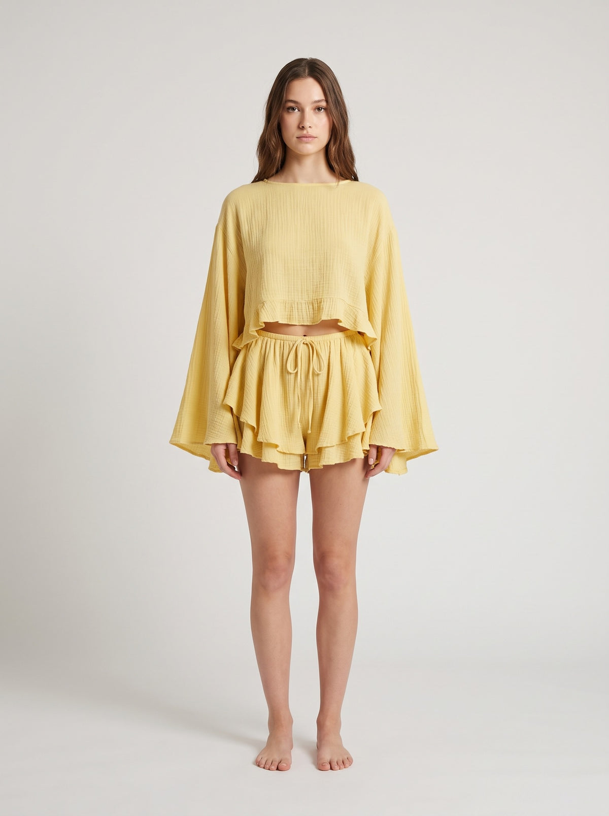 Butterfly Sleeve Ruffle Set - Butter Yellow