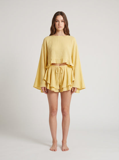 Butterfly Sleeve Ruffle Set - Butter Yellow