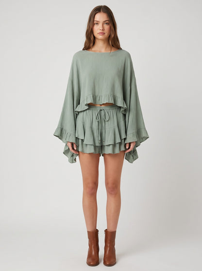 Butterfly Sleeve Ruffle Set - Sage