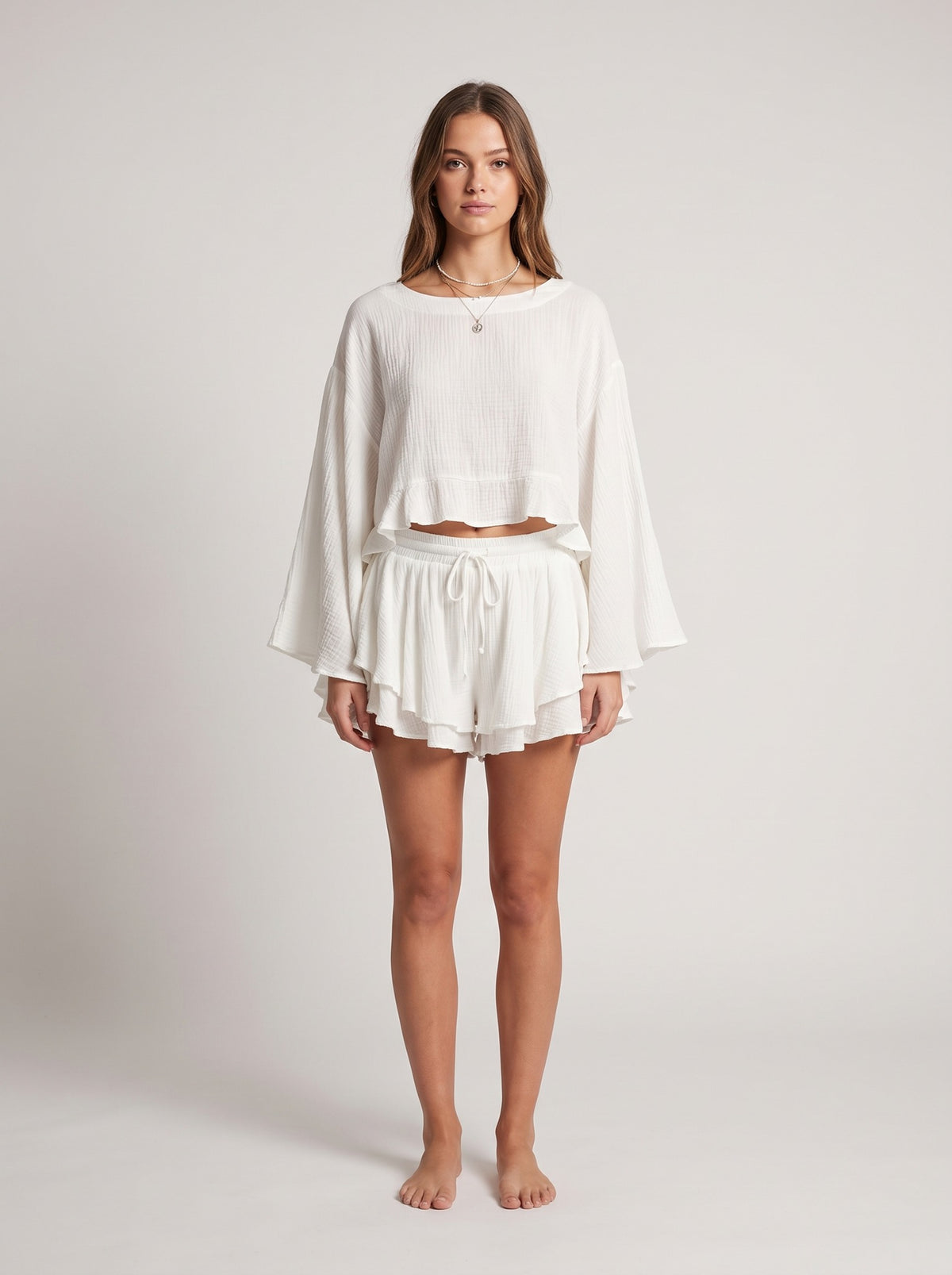 Butterfly Sleeve Ruffle Set - White