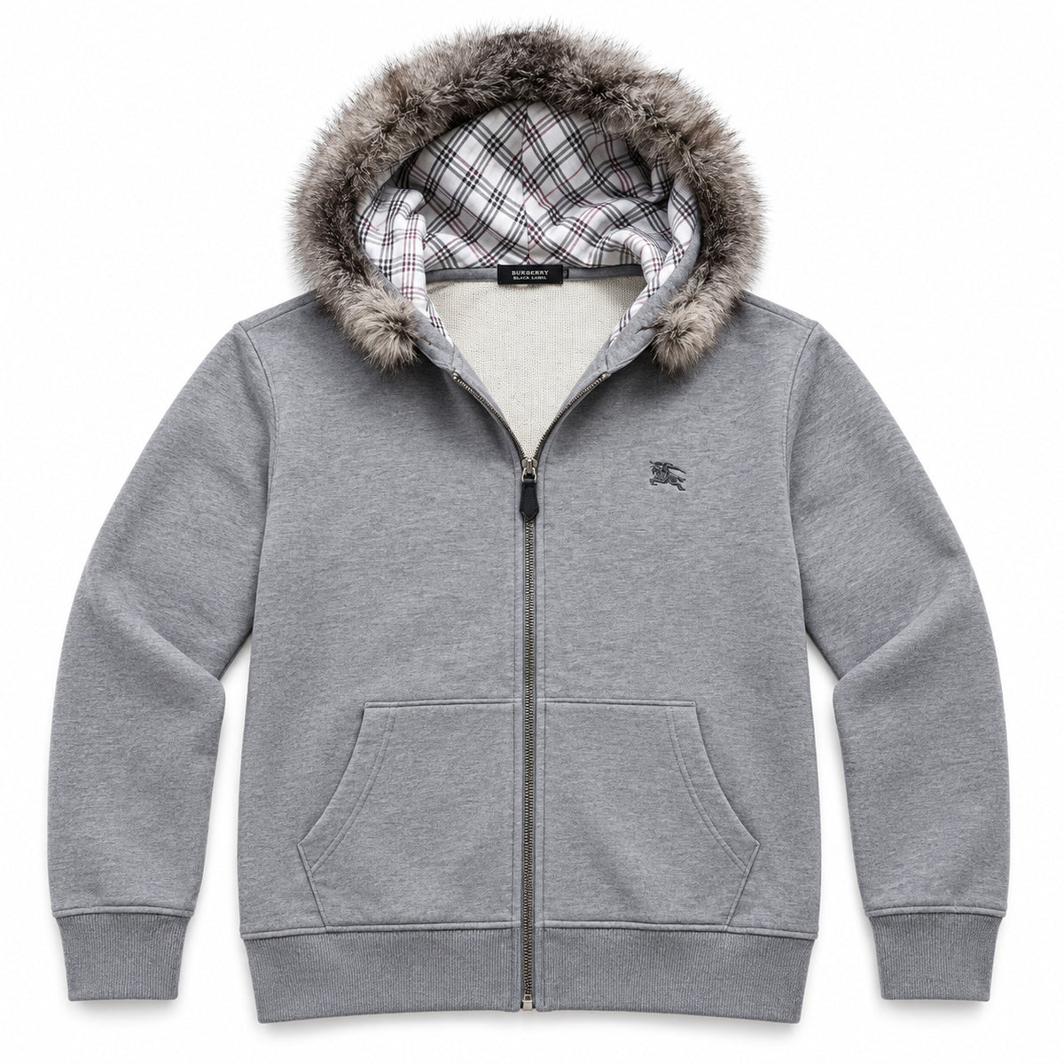 Grey Fur Hood — studio front view