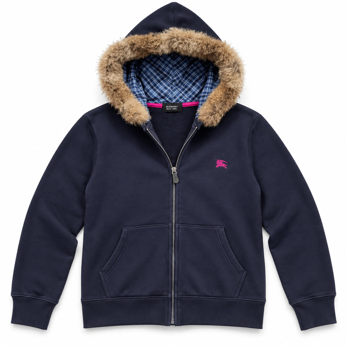 Navy Tan Fur Hood — studio front view