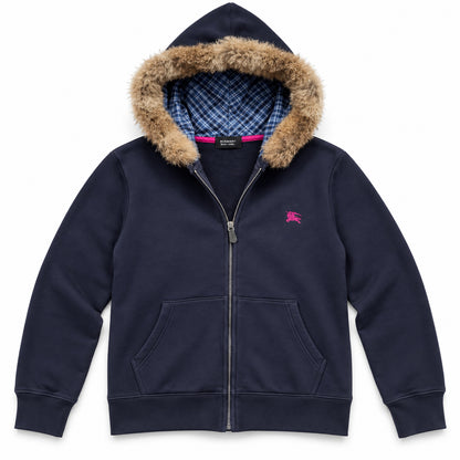 Navy Tan Fur Hood — studio front view