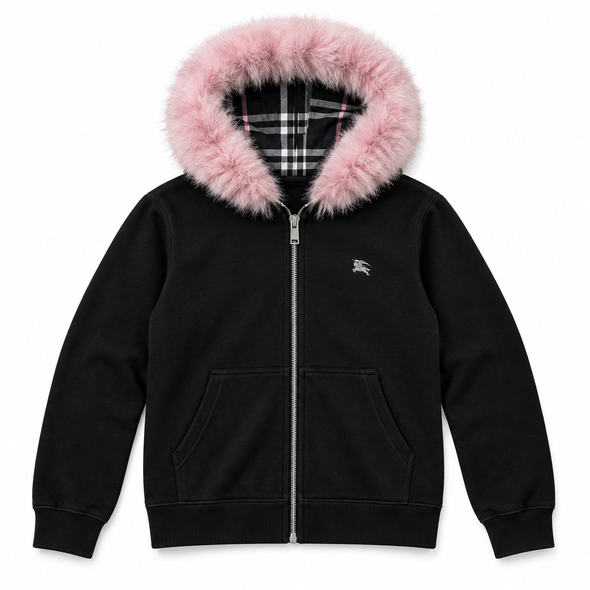 Black Pink Fur Hood — studio front view
